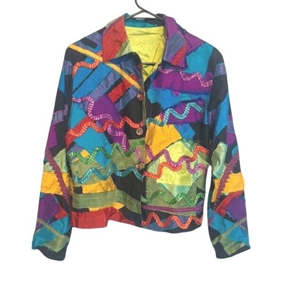 Vintage Artisan Patchwork Wearable Art Jacket Multi Color Silk Rickrack Trim M